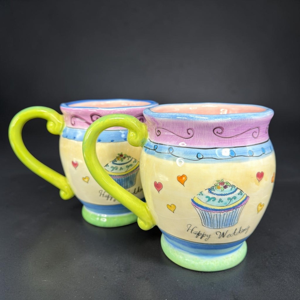 Certified International Sue Zipkin Happy Wedding Cupcake Mugs Set of 2 Ceramic